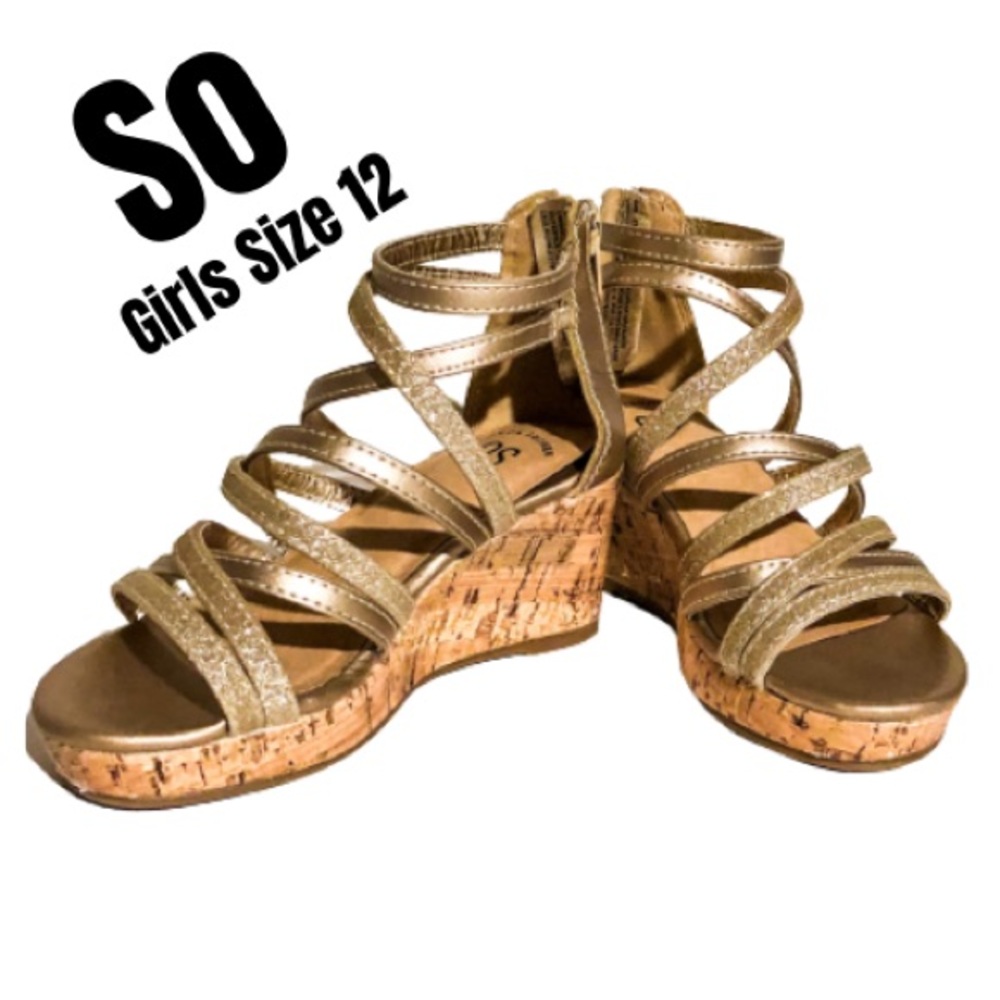 So Girls Shoes Wedge Strappy Sandals Gold